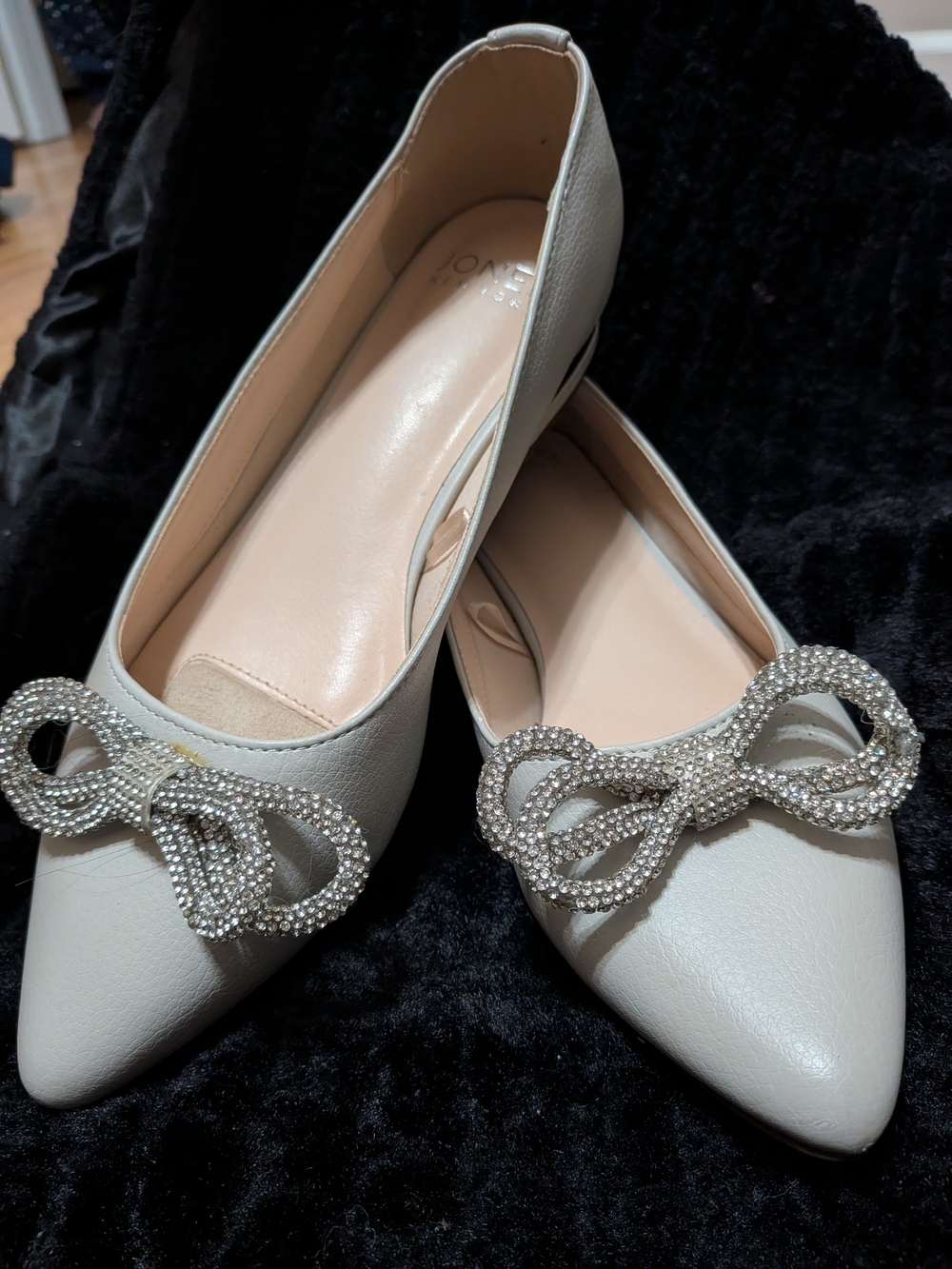 Pearl White Pointed Toe Flats with Crystal Bow Accent